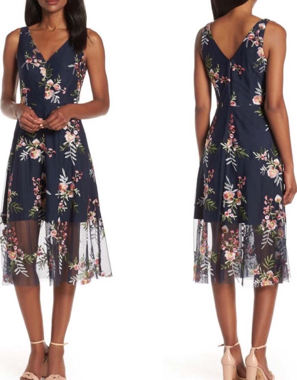 Vince Camuto Women's Size 4 Navy Floral Embroidered Mesh Midi Dress NWT